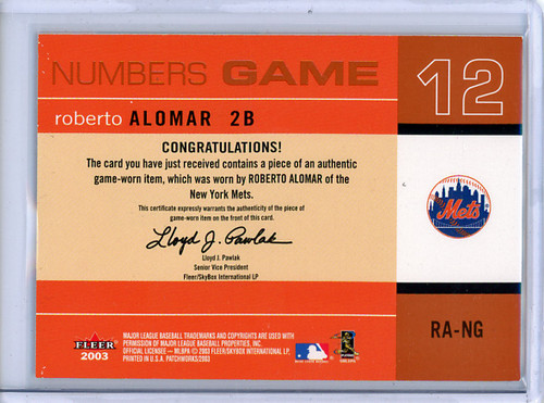 Roberto Alomar 2003 Patchworks, Numbers Game Jersey #RA-NG (1) (CQ)