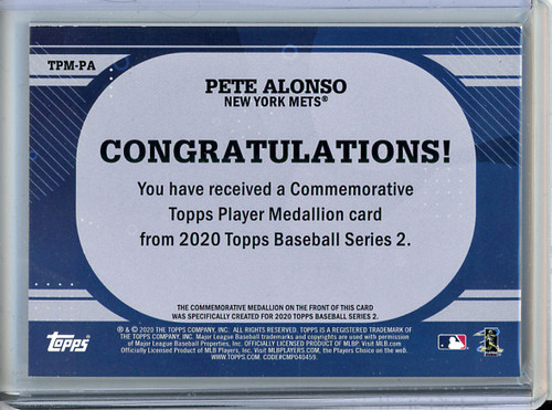 Pete Alonso 2020 Topps, Player Medallions #TPM-PA (1) (CQ)