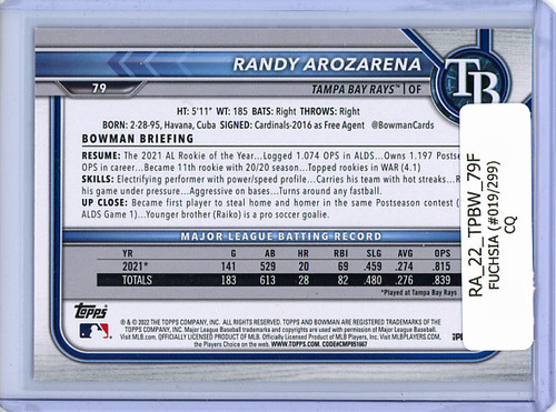 Randy Arozarena 2022 Bowman #79 Fuchsia (#019/299) (CQ)