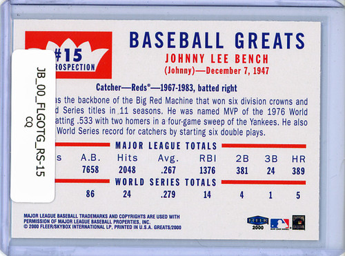 Johnny Bench 2000 Fleer Greats of the Game, Retrospection #15 (CQ)