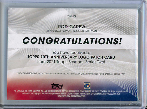 Rod Carew 2021 Topps, 70th Anniversary Commemorative Logo Patches #T70P-RCA (1) (CQ)