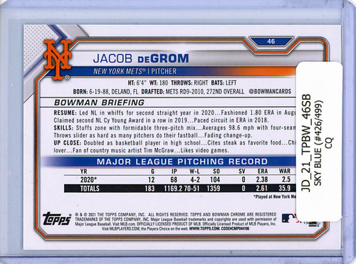 Jacob DeGrom 2021 Bowman #46 Sky Blue (#426/499) (CQ)