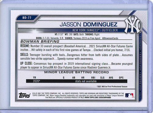 Jasson Dominguez 2021 Bowman Draft #BD-77 Sky Blue (#099/499) (CQ)