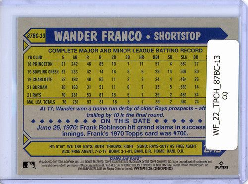 Wander Franco 2022 Topps Chrome, 1987 Topps #87BC-13 (CQ)