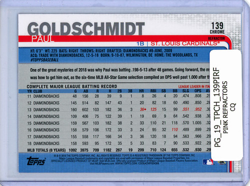 Paul Goldschmidt 2019 Topps Chrome #139 Pink Refractors (CQ)