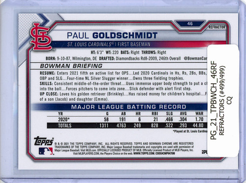 Paul Goldschmidt 2021 Bowman Chrome #46 Refractors (#499/499) (CQ)
