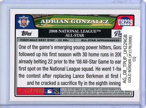 Adrian Gonzalez 2008 Topps Update #UH229 All-Star Game Gold Border (#1178/2008) (CQ)