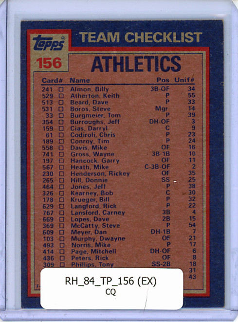 Rickey Henderson, Tim Conroy 1984 Topps #156 Team Checklist - Excellent - Edge Wear (CQ)