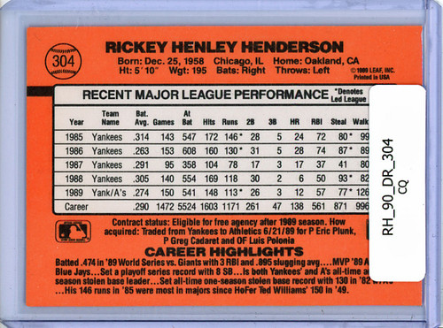 Rickey Henderson 1990 Donruss #304 (CQ)
