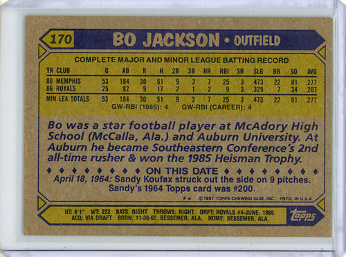 Bo Jackson 1987 Topps #170 (1) (CQ)