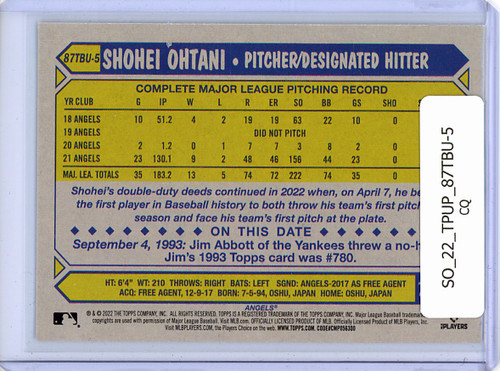 Shohei Ohtani 2022 Topps Update, 1987 Topps #87TBU-5 (CQ)