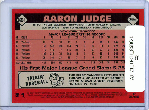Aaron Judge 2021 Topps Chrome, 1986 Topps #86BC-1 (CQ)
