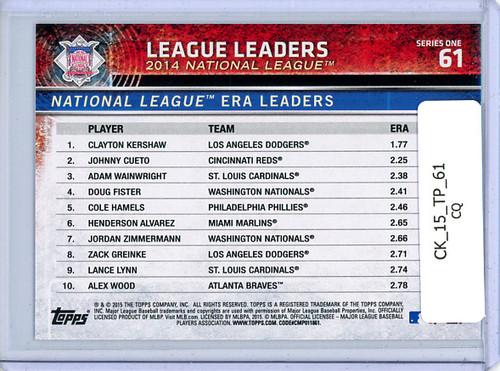 Clayton Kershaw, Johnny Cueto, Adam Wainwright 2015 Topps #61 NL ERA Leaders (CQ)