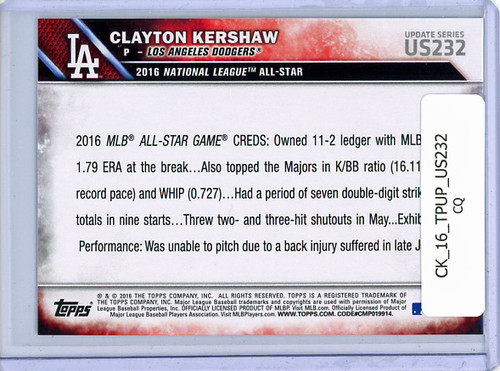 Clayton Kershaw 2016 Topps Update #US232 All-Star (CQ)