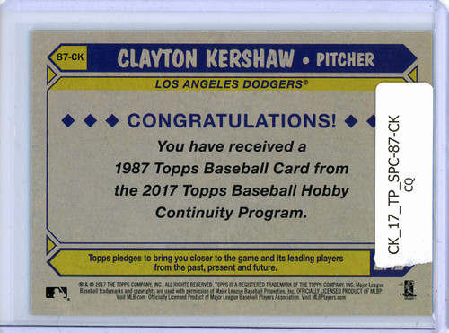 Clayton Kershaw 2017 Topps, 1987 Topps Silver Pack Chrome #87-CK (CQ)