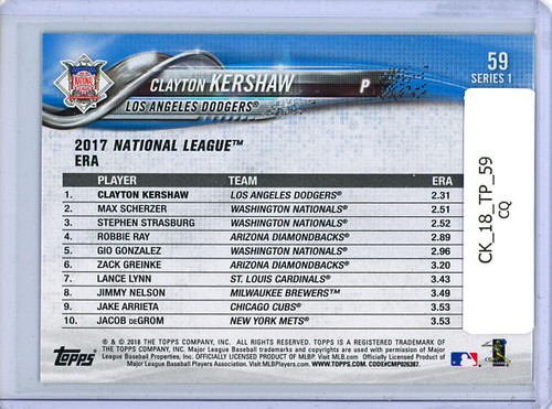 Clayton Kershaw 2018 Topps #59 League Leaders (CQ)