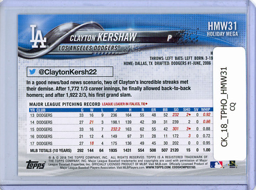 Clayton Kershaw 2018 Topps Holiday #HMW31 (CQ)