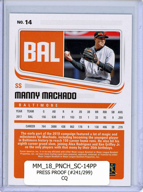 Manny Machado 2018 Chronicles, Score #14 Press Proof (#241/299) (CQ)