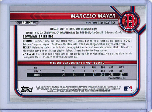 Marcelo Mayer 2022 Bowman Prospects #BP-126 Sky Blue (#066/499) (CQ)