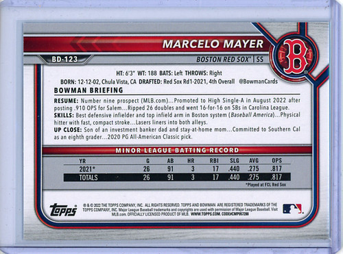 Marcelo Mayer 2022 Bowman Draft #BD-123 Sky Blue (#133/499) (CQ)