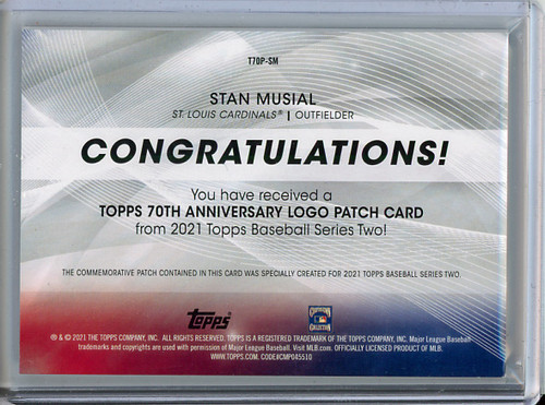 Stan Musial 2021 Topps, 70th Anniversary Commemorative Logo Patches #T70P-SM (2) (CQ)