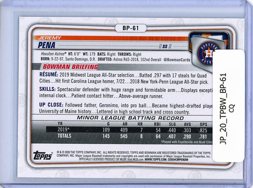 Jeremy Pena 2020 Bowman Prospects #BP-61 (CQ)