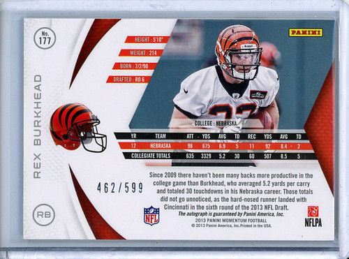 Rex Burkhead 2013 Momentum #177 Rookie Signatures (#462/599) (CQ)