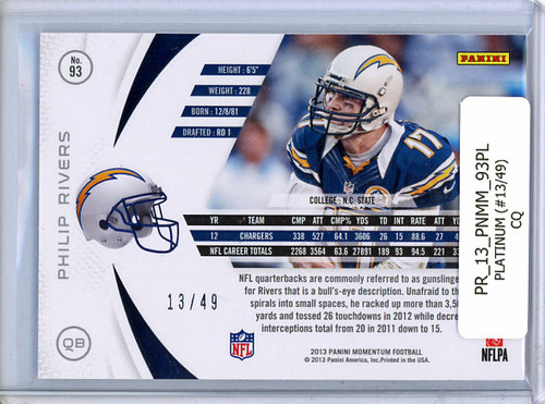 Philip Rivers 2013 Momentum #93 Platinum (#13/49) (CQ)