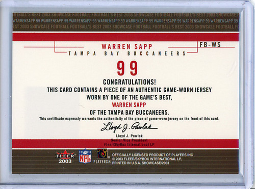 Warren Sapp 2003 Showcase, Football's Best Jerseys #FB-WS (1) (CQ)
