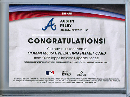 Austin Riley 2022 Topps Update, Commemorative Batting Helmet #BH-ARI (1) (CQ)