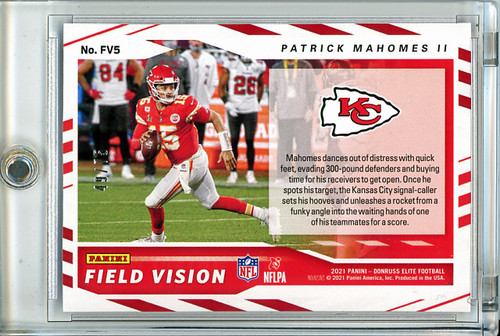 Patrick Mahomes II 2021 Donruss Elite, Field Vision #FV5 Purple (#49/75) (CQ)