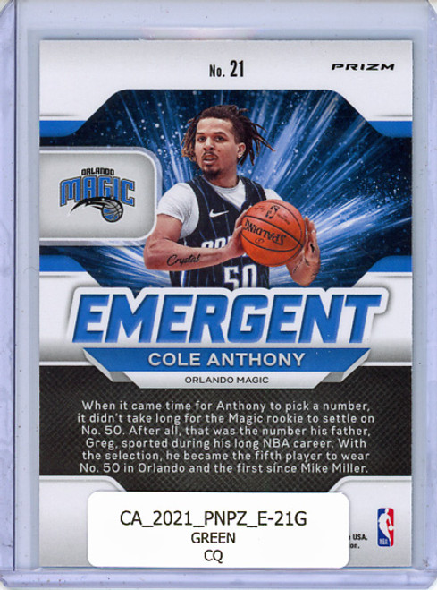 Cole Anthony 2020-21 Prizm, Emergent #21 Green (CQ)