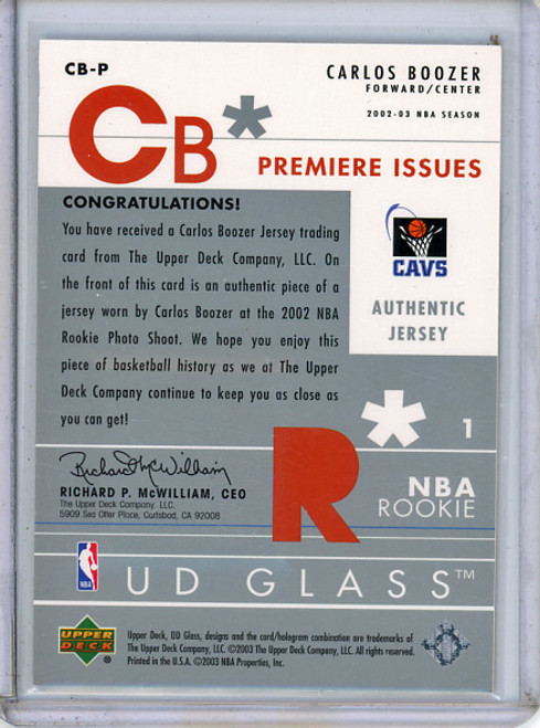 Carlos Boozer 2002-03 Glass, Premiere Issues Jersey #CB-P (1) (CQ)