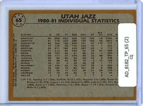 Adrian Dantley, Ben Poquette, Allan Bristow 1981-82 Topps #65 Jazz Team Leaders - NM (2) (CQ)