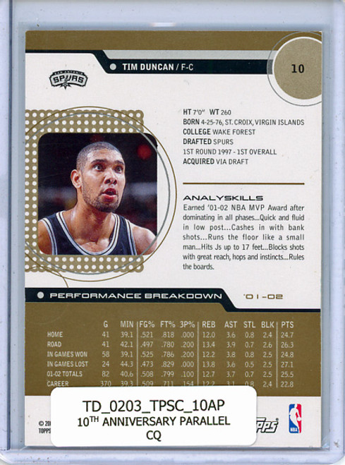 Tim Duncan 2002-03 Stadium Club #10 10th Anniversary Parallel (CQ)