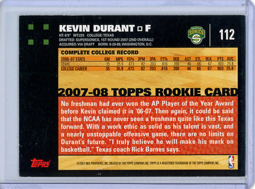 Kevin Durant 2007-08 Topps #112 - Near Mint (2) (CQ)