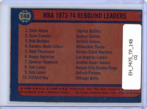 Elvin Hayes, Dave Cowens, Bob McAdoo 1974-75 Topps #148 Rebound Leaders - VG (1) (CQ)