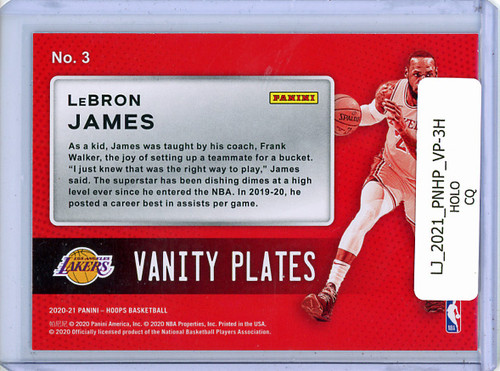 LeBron James 2020-21 Hoops, Vanity Plates #3 Holo (CQ)