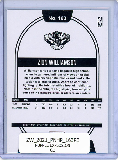 Zion Williamson 2020-21 Hoops #163 Purple Explosion (CQ)