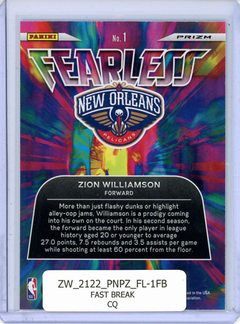 Zion Williamson 2021-22 Prizm, Fearless #1 Fast Break (CQ)