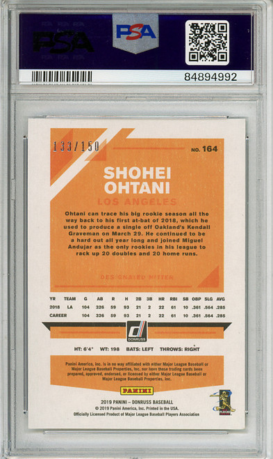 Shohei Ohtani 2019 Donruss #164 150th Anniversary (#133/150) PSA 10 Gem Mint (#84894992) (CQ)