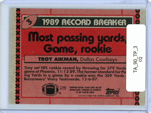 Troy Aikman 1990 Topps #3 Record Breaker (CQ)