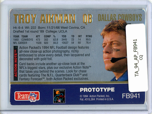 Troy Aikman 1994 Action Packed, Prototypes #FB941 (CQ)