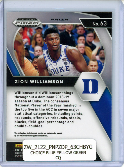 Zion Williamson 2021-22 Prizm Draft Picks #63 Choice Blue Yellow Green (CQ)