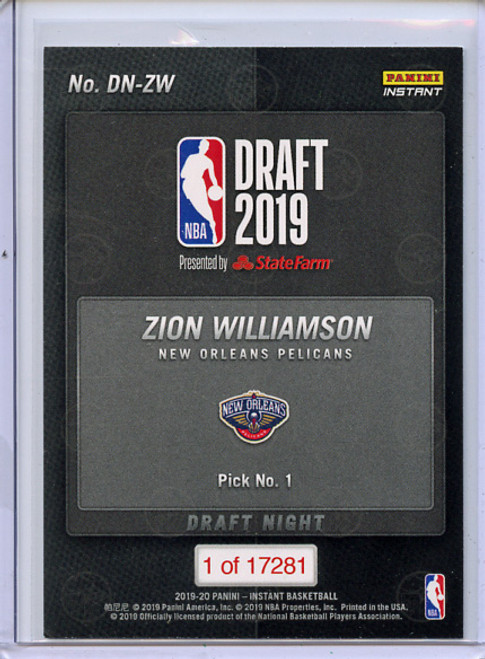 Zion Williamson 2019-20 Instant, Draft Night #DN-ZW (Zion's First RC!)