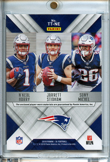 Jarrett Stidham, N'Keal Harry, Sony Michel 2019 XR, Team Trios Materials #TT-NE Blue (#03/49)