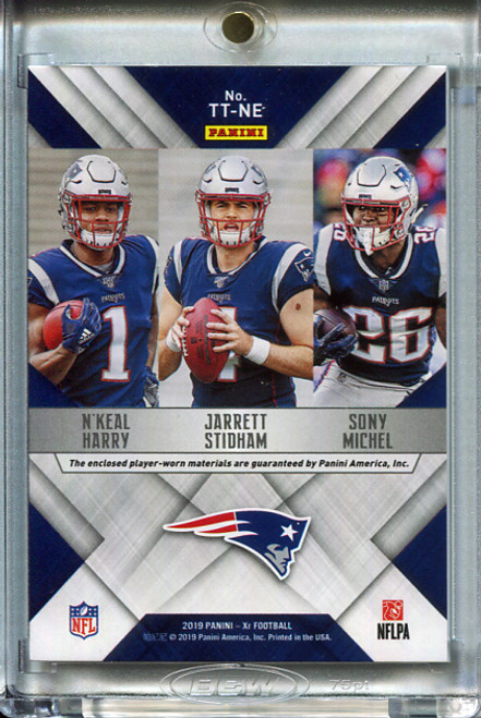 Jarrett Stidham, N'Keal Harry, Sony Michel 2019 XR, Team Trios Materials #TT-NE Blue (#39/49)