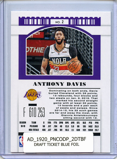 Anthony Davis 2019-20 Contenders Draft Picks #2 Draft Ticket Blue Foil