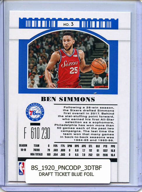 Ben Simmons 2019-20 Contenders Draft Picks #3 Draft Ticket Blue Foil