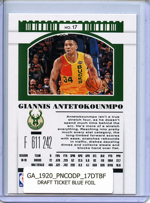 Giannis Antetokounmpo 2019-20 Contenders Draft Picks #17 Draft Ticket Blue Foil